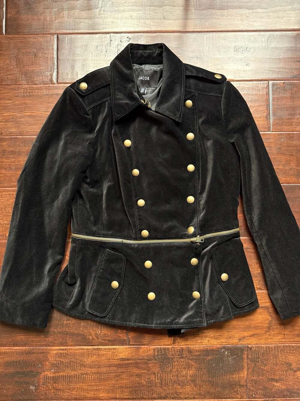 Jacob Black Y2K Velvet Double-Breasted Military Jacket with Gold Buttons Size Me
